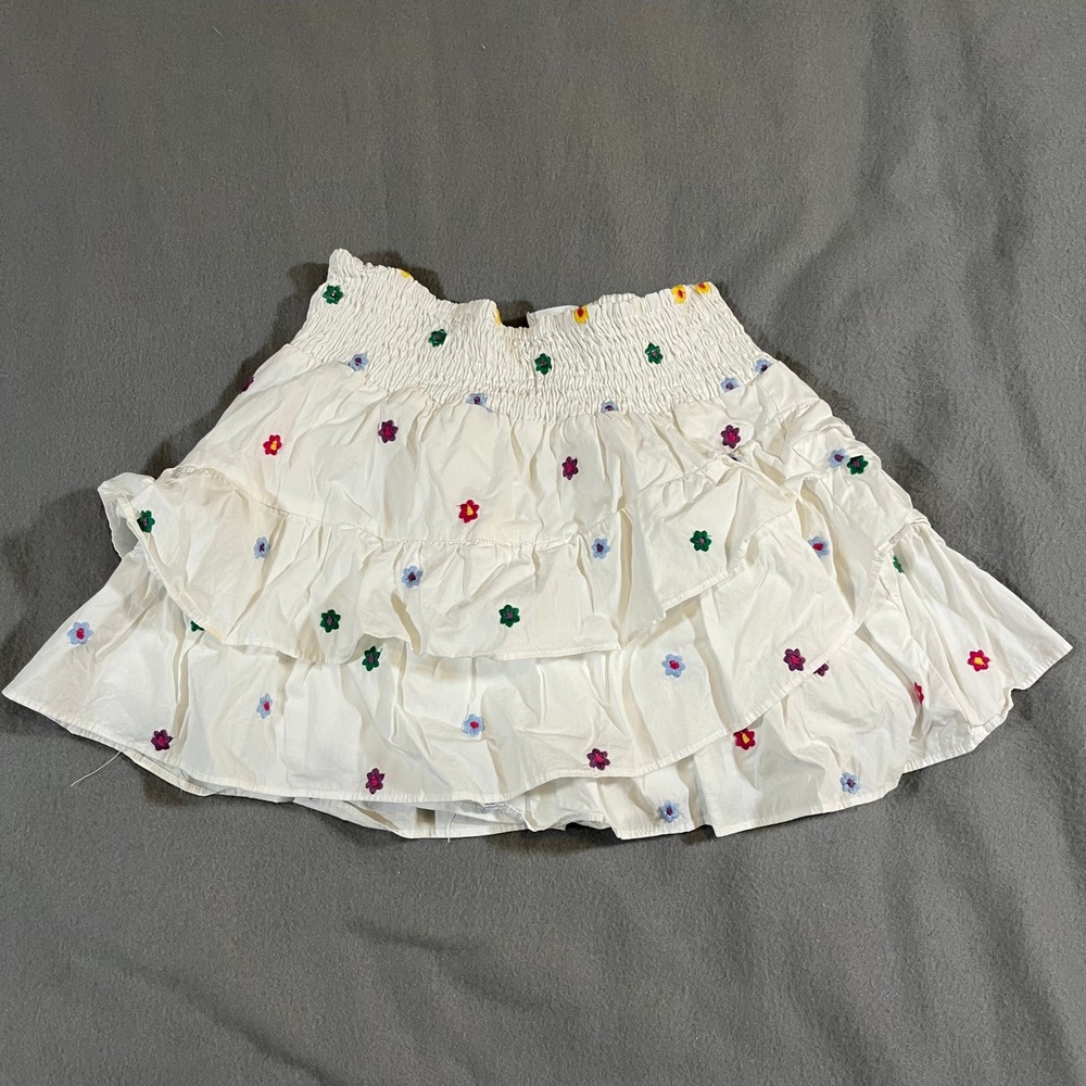 Indie Collection‎ White Ruffle Mini Skirt Medium Smocked Waist Floral Embroidery